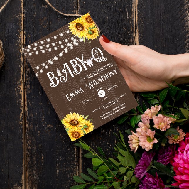 Convites Oh Baby-Q Baby Shower Rustic Sunflower BBQ (unisex backyard couples baby shower Baby-Q western Rustic Sunflower BBQ boho wooden CELEBRATE MOTHER)