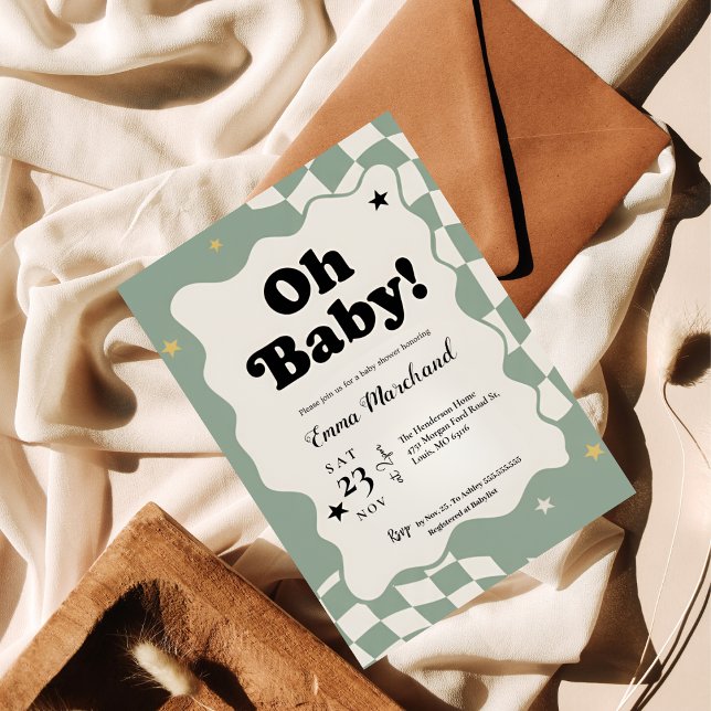 Convites Oh Baby! Retro Checkered Sage Green Baby Shower  (Criador carregado)