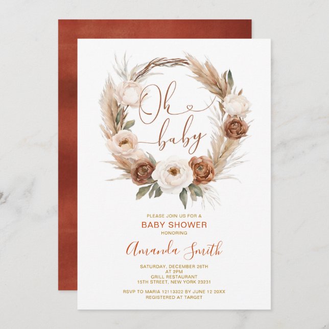 Convites Oh Baby Rustic Terracota Orange Floral Chá de fral (Frente/Verso)