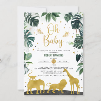 Convites  Oh Baby Selgle Dourado Chá de fraldas Safari Anim