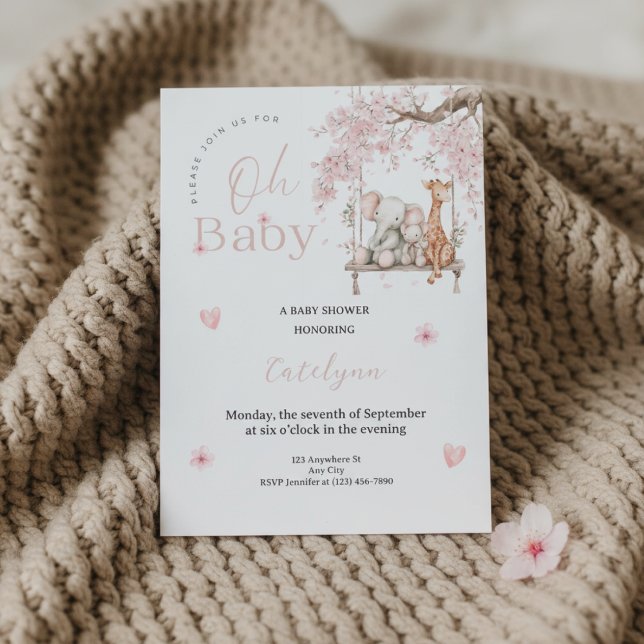 Convites Oh Baby Shower Invitation • Cherry Blossom Theme (Soft beige knit blanket with Oh Baby shower invitation and pink blossom accents)