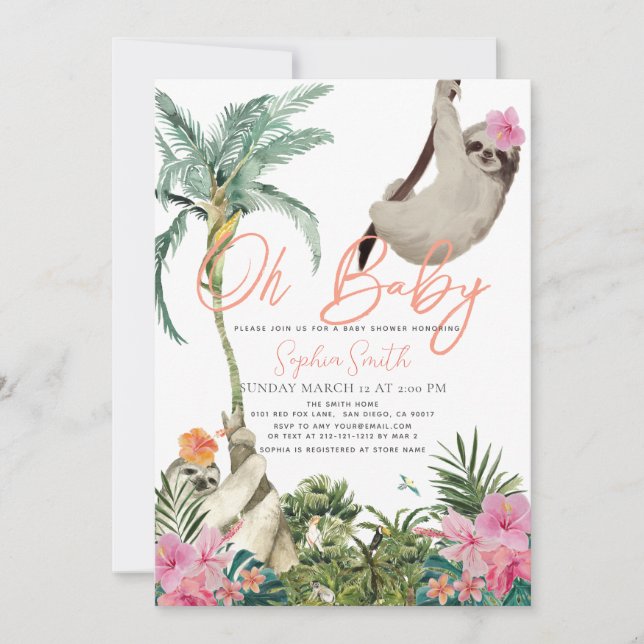 Convites Oh Baby Sloth Floral Jungle Chá de fraldas (Frente)