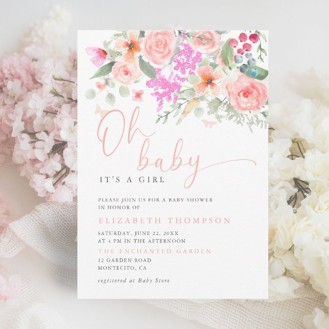 Convites Oh Baby Sunny Garden Floral Chá de fraldas (oh baby girl shower invitation colorful floral elegant modern calligraphy garden party backyard chic)