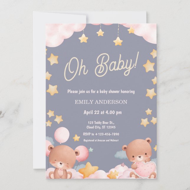 Convites Oh Baby Teddy Bear Twinkle Little Star Baby Shower (Frente)