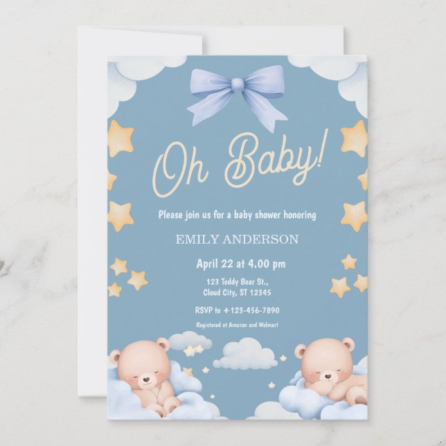 Convites Oh Baby Teddy Bear Twinkle Little Star Baby Shower (Frente)
