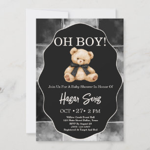 Convites Oh Baby Urso de Pelúcia Chuveiro de Bebê Preto e B