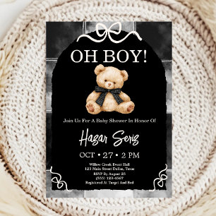 Convites Oh Baby Urso de Pelúcia Chuveiro de Bebê Preto e B