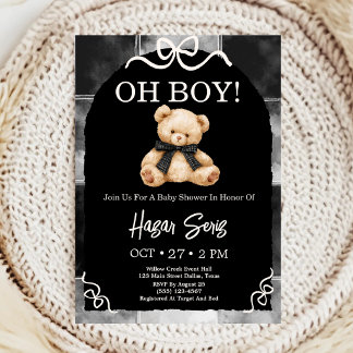 Convites Oh Baby Urso de Pelúcia Chuveiro de Bebê Preto e B