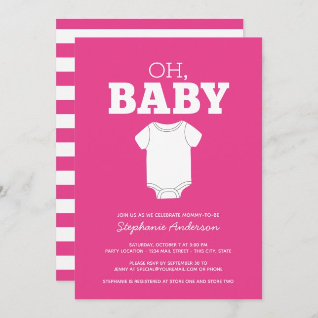 Convites Oh Baby - Whimsical Tee Hot Pink Girl Chá (Frente/Verso)