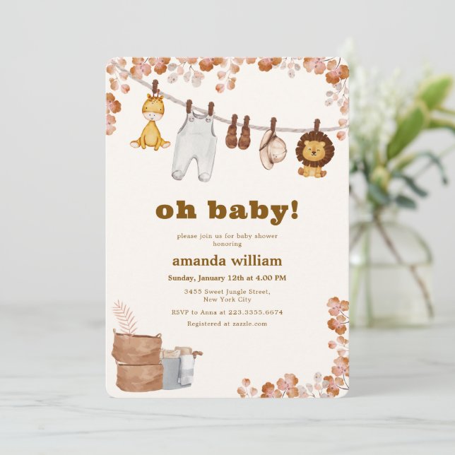 Convites Oh Baby Wild Jungle Safari Clothesline Baby Shower (Em pé/Frente)