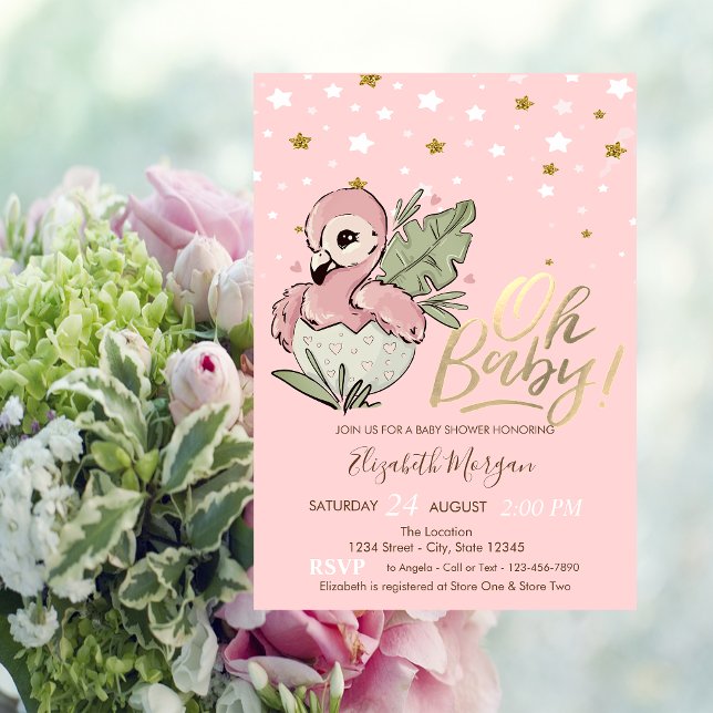 Convites Oh Bebê Bebê Fofo Flamingo Rosa Estrelas Chá de Be (Criador carregado)