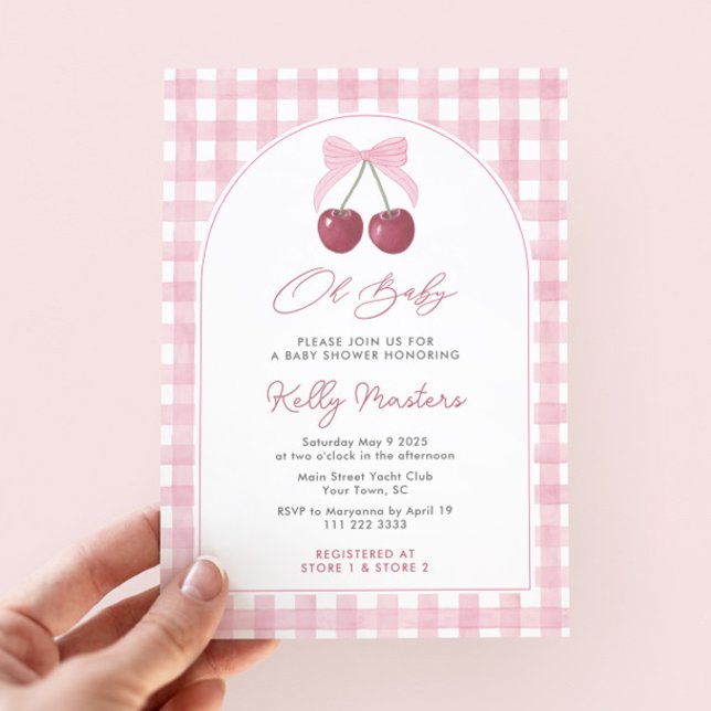 Convites Oh Bebê, Bonito Chá de fraldas de cerejas rosa (She's the cherry on top! Pretty pink gingham & cherries baby shower invitation for girl with arch)