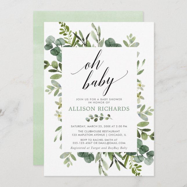 Convites Oh bebê chá de fraldas verde neutro de gênero (Frente/Verso)