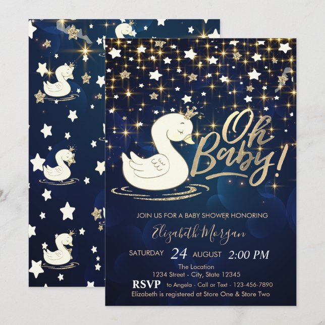 Convites Oh Bebê Cisne Coroa Estrelas Marinho Azul Chás de  (Frente/Verso)