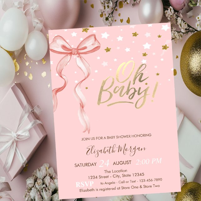 Convites Oh Bebê Estrelas Laço Rosa Chás de Bebê (Criador carregado)
