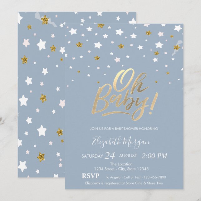 Convites Oh Bebê Estrelas Poeira Azul Baby Shower (Frente/Verso)
