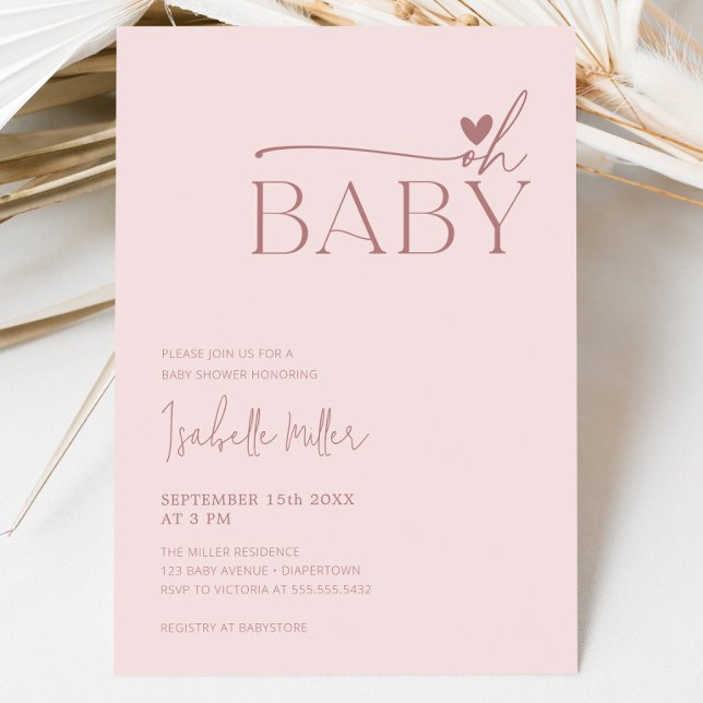 Convites Oh bebê Moderno Simples Chá de fraldas Rosa (Oh Baby Modern Simple Dusty Pink Girl Baby Shower Invitation)