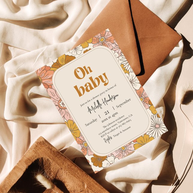 Convites Oh bebê Retro Boho chá de fraldas Floral Gravidez (Criador carregado)