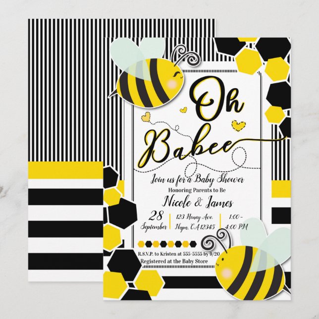 Convites Oh BeBEE Abelha Chá de Bebê Branco (Frente/Verso)