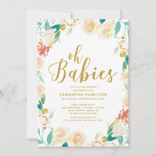 Convites Oh Bebês Floral de Pêssego Brilho Gêmeos Chás de B