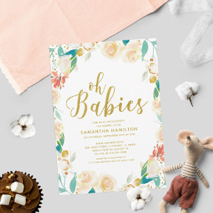 Convites Oh Bebês Floral de Pêssego Brilho Gêmeos Chás de B
