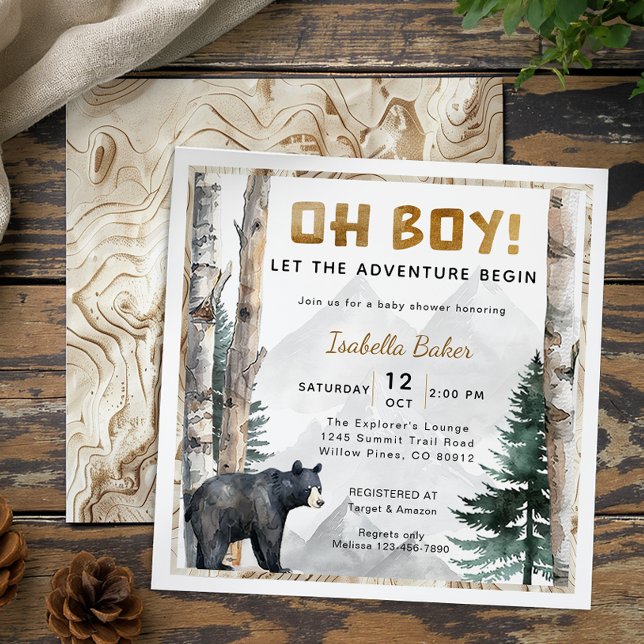 Convites Oh Boy Adventure Begin | Chá de fraldas de Urso Qu (Baby Shower Invite)