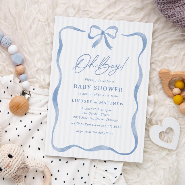 Convites Oh Boy Azul Fita Onda Arco Chuveiro de Bebê (sweet baby shower invitation for boys featuring a wavy, curvy frame and bow)