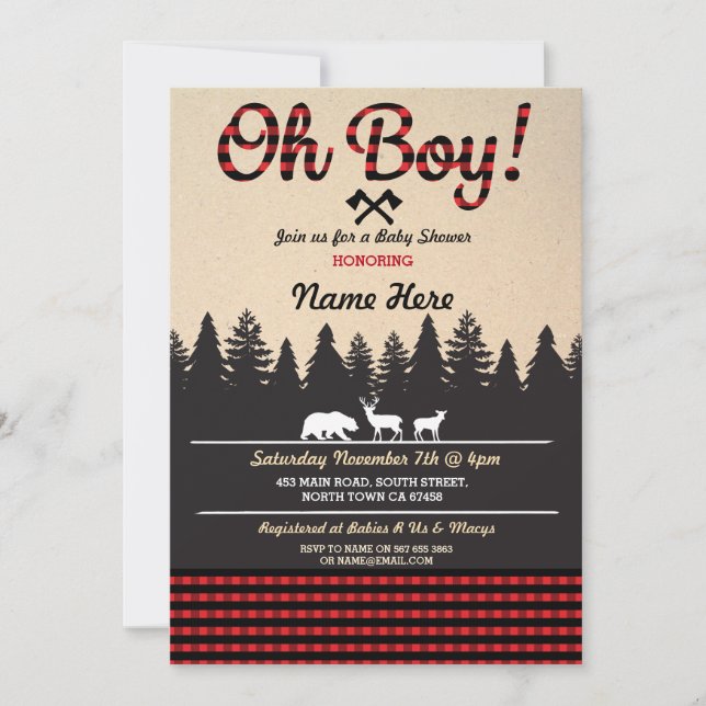 Convites Oh Boy Baby Lumberjack Chá de fraldas Red Invite (Frente)