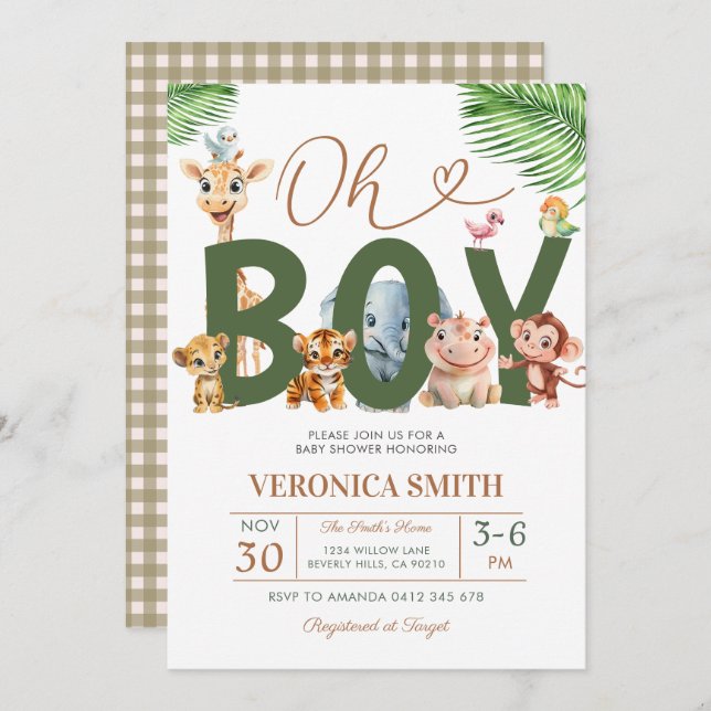 Convites Oh Boy Baby Shower Forest Animals Greenery Floral (Frente/Verso)