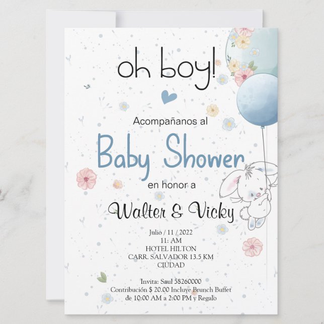 Convites Oh boy! baby shower lindo conejito (Frente)