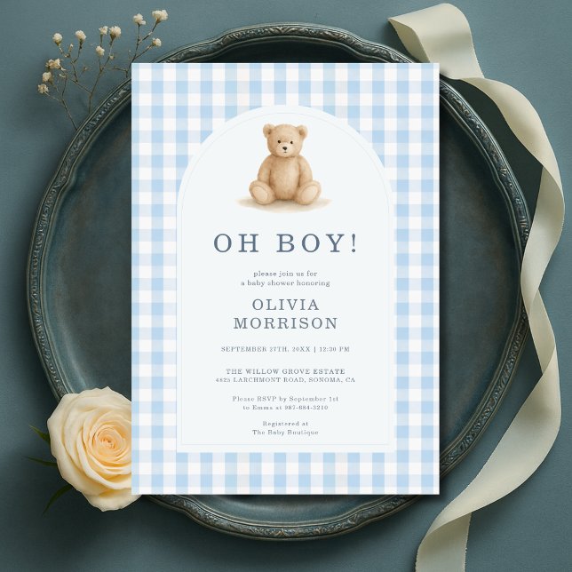 Convites Oh Boy Bear Blue Gingham Baby Shower (Criador carregado)