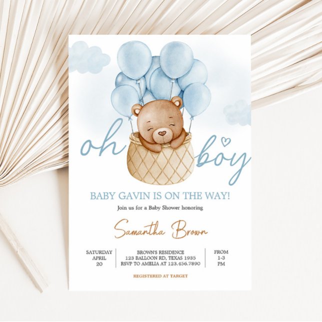 Convites Oh Boy Bear Hot Air Balloon Chá de fraldas (Blue Boho Bear Baby Shower Invitation)