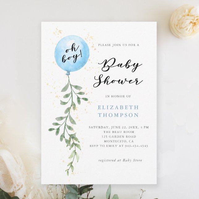Convites Oh Boy Blue Balloon Soft Foliage Boy Chá de fralda (boy baby shower invitation blue balloon foliage greenery watercolor modern calligraphy botanical)