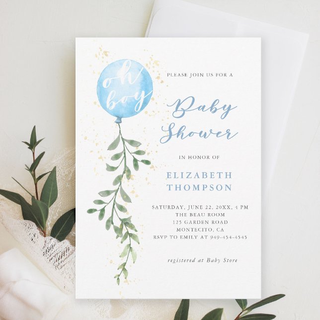 Convites Oh Boy Blue Balloon Soft Greenery Boy Chá de frald (boy baby shower invitation blue balloon greenery watercolor modern calligraphy simple elegant)
