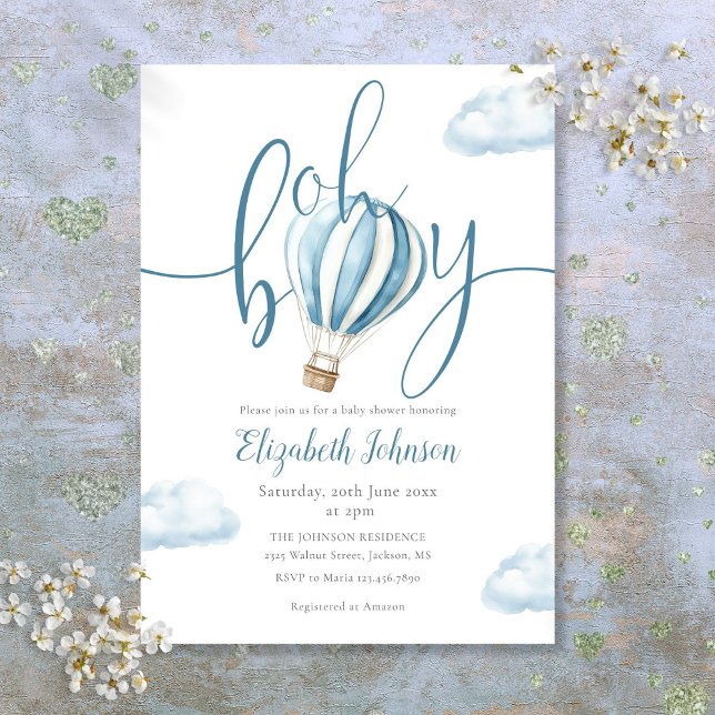 Convites Oh Boy Blue Hot Air Balloon Chá de fraldas (Oh Boy Blue Hot Air Balloon Baby Shower Invitation)