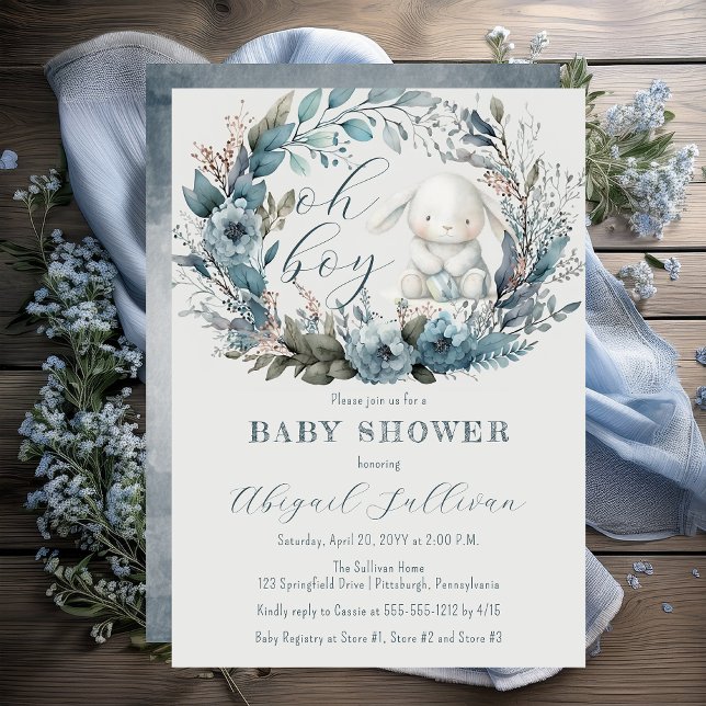 Convites Oh Boy Bunny Rabbit Blue Floral Wreath Chá de fral ("Oh Boy" Bunny Rabbit and Blue Floral Wreath Boy Baby Shower Invitation - Print | Digital)
