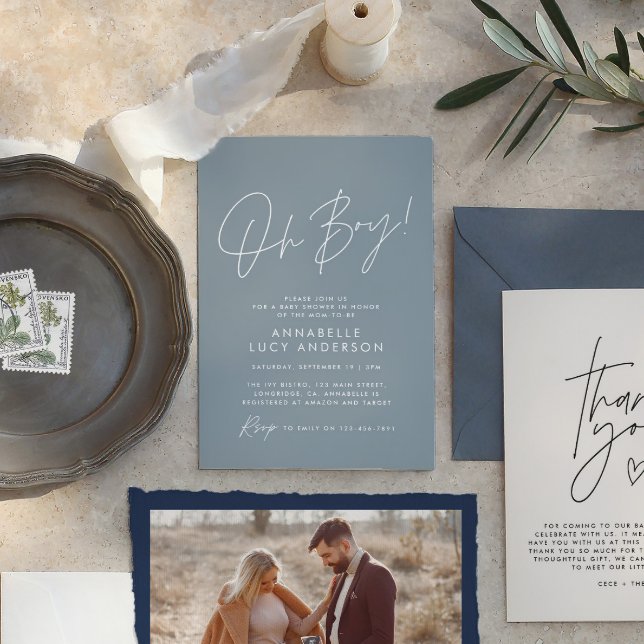 Convites oh Boy chá de fraldas script moderno baby blue ele (Criador carregado)