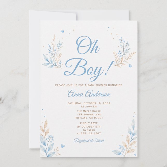Convites Oh Boy Chuveiro de Bebê Azul Floral Aquarela (Frente)