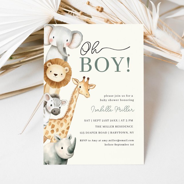 Convites Oh Boy Cute Safari Animal Greenery Boy Chá de fral (Oh Boy Cute Safari Animal Greenery Boy Baby Shower Invitation)