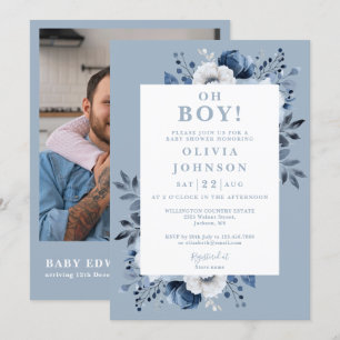 Convites Oh Boy Dusty Blue Floral Foto QR Chã de Bebê