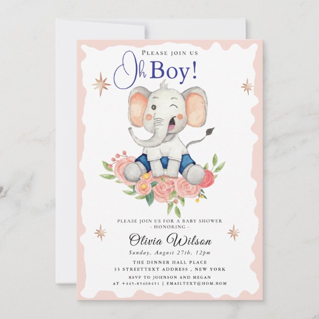 Convites Oh Boy Elephant Baby Shower Invitation (Frente)