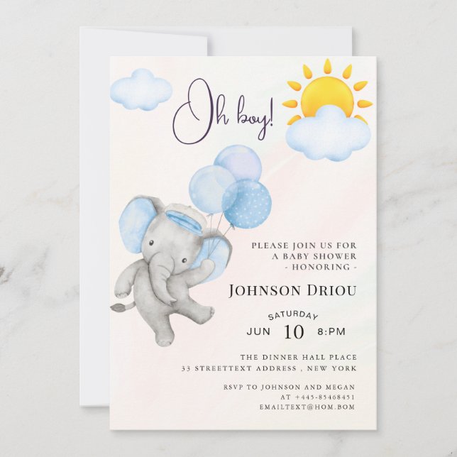 Convites Oh Boy Elephant Baby Shower Invitation (Frente)