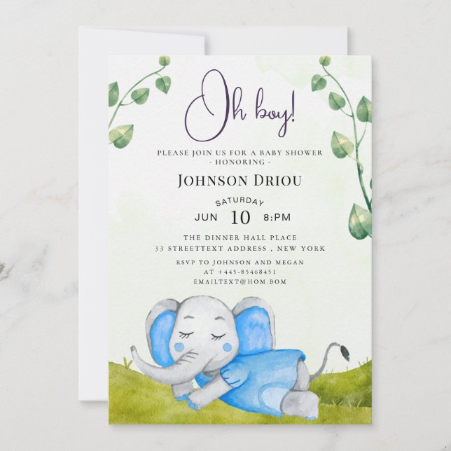 Convites Oh Boy Elephant Baby Shower Invitation (Frente)