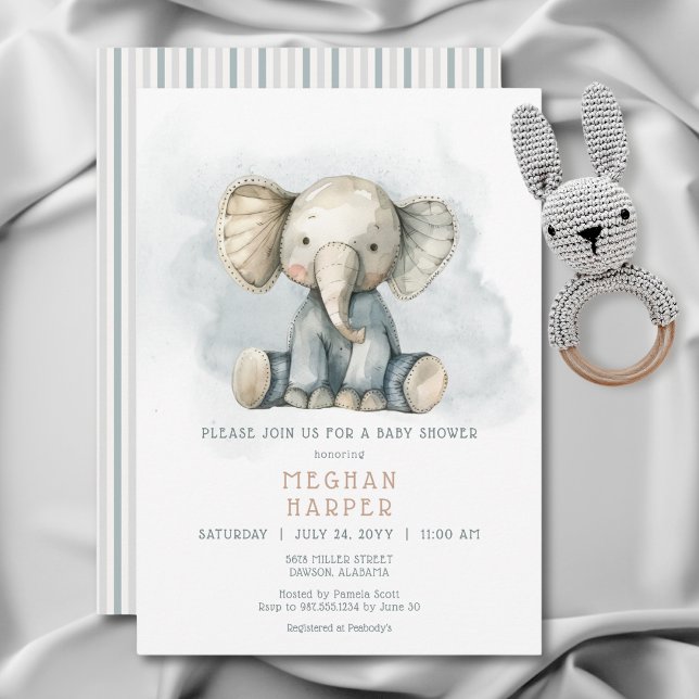 Convites Oh Boy Elephant Blue Strike Chá de fraldas (Oh Boy Elephant Blue Striped Baby Shower Invitation)