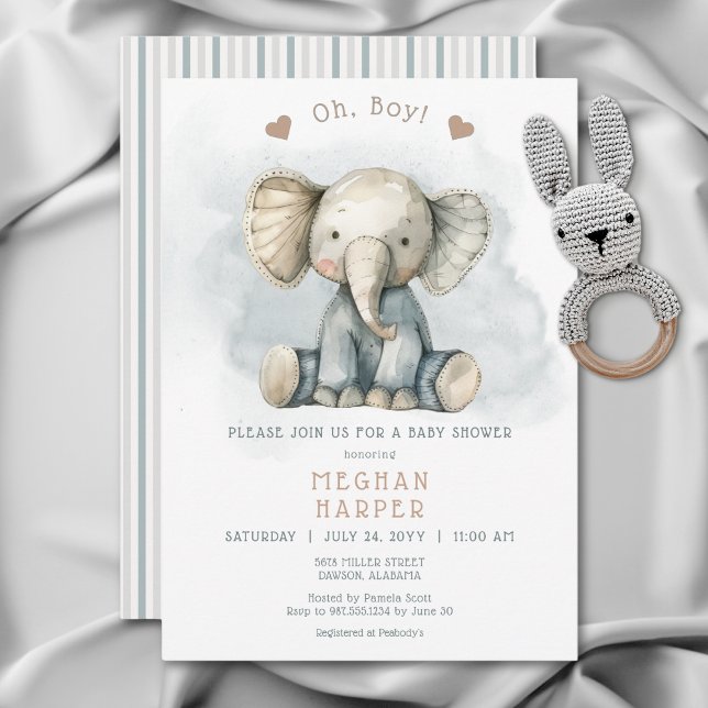 Convites Oh Boy Elephant Blue Strike Chá de fraldas (Oh Boy Elephant Blue Striped Baby Shower Invitation)
