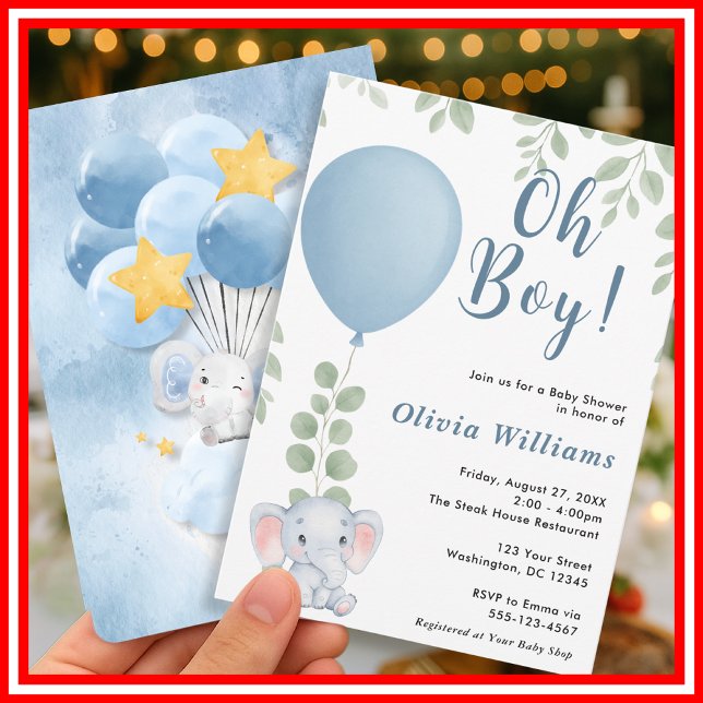 Convites Oh Boy Elephant Eucalyptus Balloon Baby Shower   (Criador carregado)