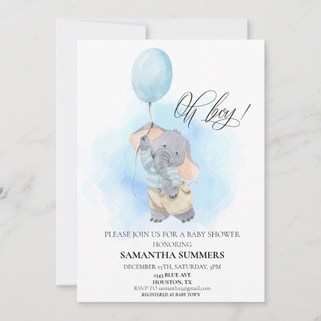 Convites Oh Boy Elephant Watercolor Balloon Blue (Frente)