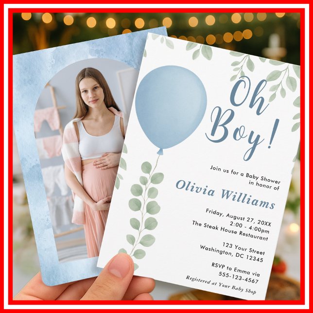 Convites Oh Boy Eucalyptus Blue Balloon PHOTO Baby Shower (Criador carregado)