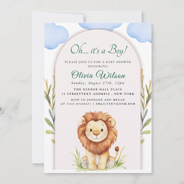 Convites “Oh Boy!” Greenery Lion Baby Shower (Frente)