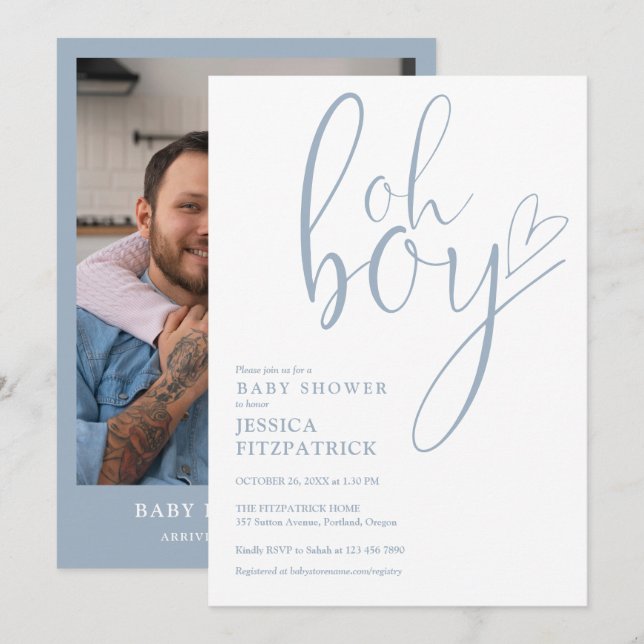 Convites Oh Boy Heart Dusty Blue Boy Photo Baby Shower (Frente/Verso)
